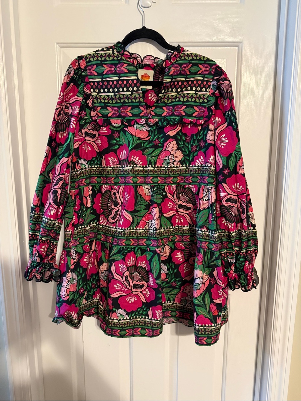 FARM Rio Black Flower Garden Organic Cotton Scallop Mini Dress M